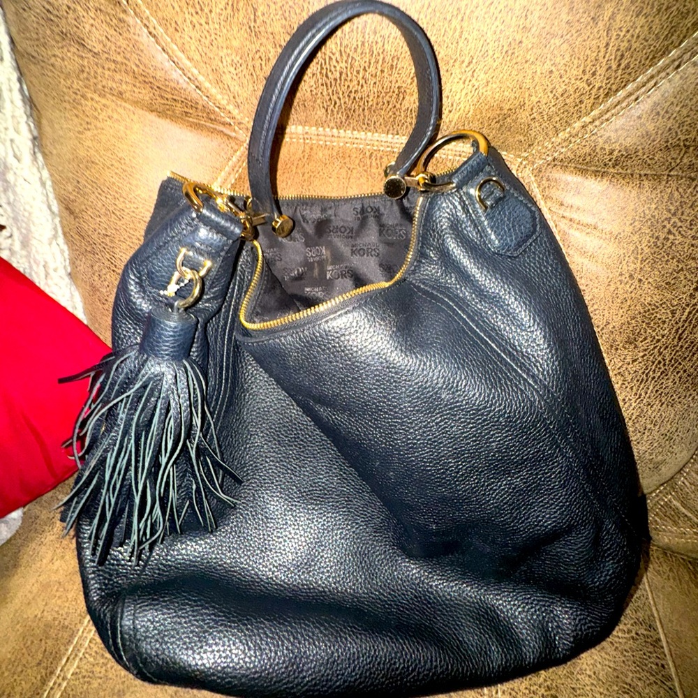 Michael Kors Handbag Black Pebbled Leather MK Charm Tassel Hobo Purse